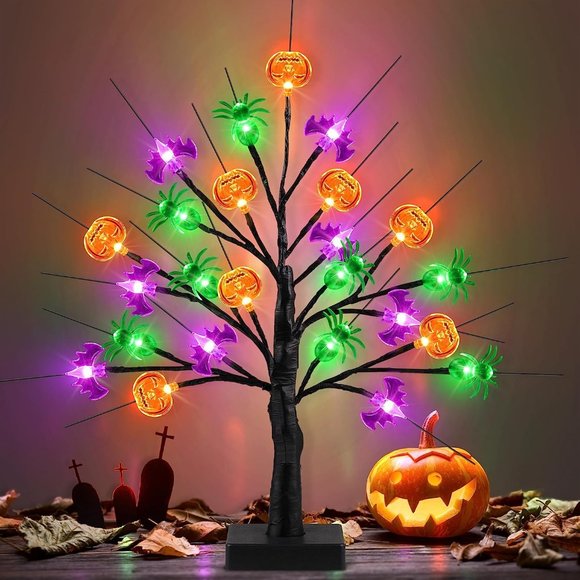 Halloween Tree with 24 LED Pumpkin Bat Spider Orange Purple Green Light - Picture 1 of 7